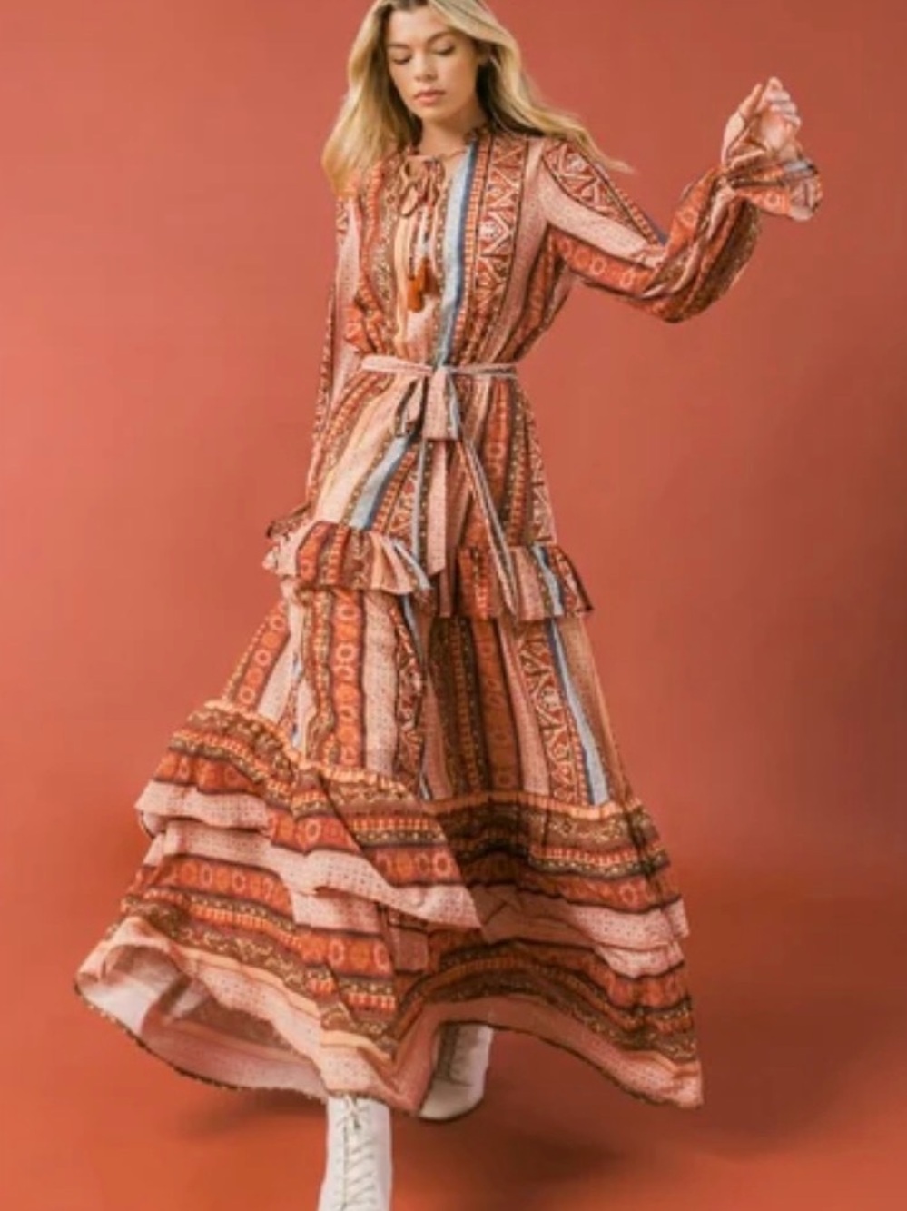 Flying Tomato Orange Multi-Pattern Maxi Dress